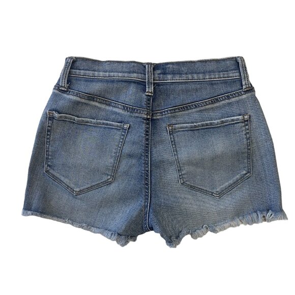 Mudd FLX Distressed Denim Jean Shortie Junior SZ 3 Blue Frayed Hem High Rise - Picture 5 of 10